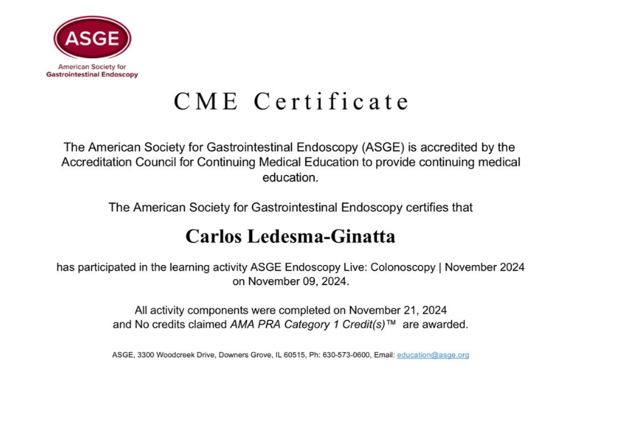 Certificación de Participación en Educación Médica Continua por la ASGE